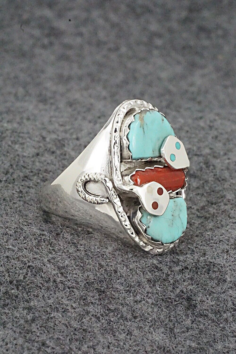 Turquoise, Coral & Sterling Silver Ring - Joy Calavaza - Size 14