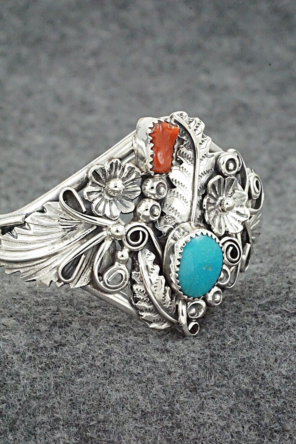 Turquoise, Coral & Sterling Silver Bracelet - Harry Yazzie