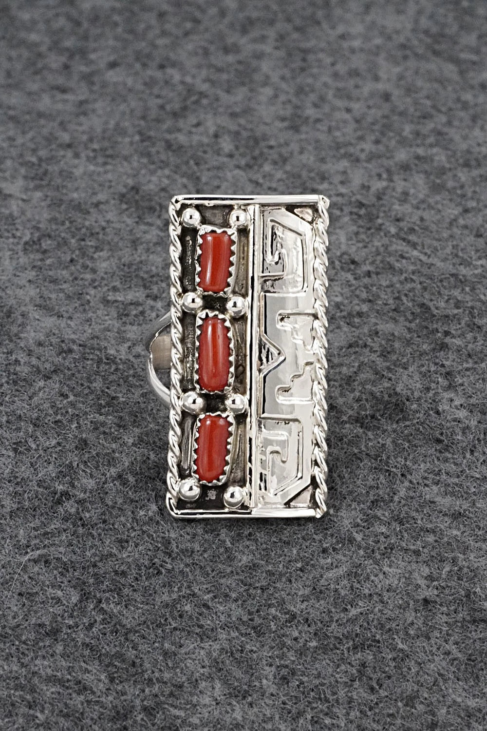 Coral & Sterling Silver Ring - Ronnie Spencer - Size 8.5