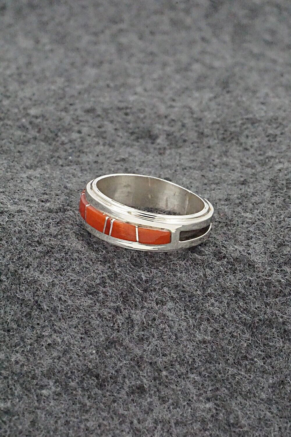 Coral & Sterling Silver Inlay Ring - Wilbert Muskett Jr. - Size 7.5