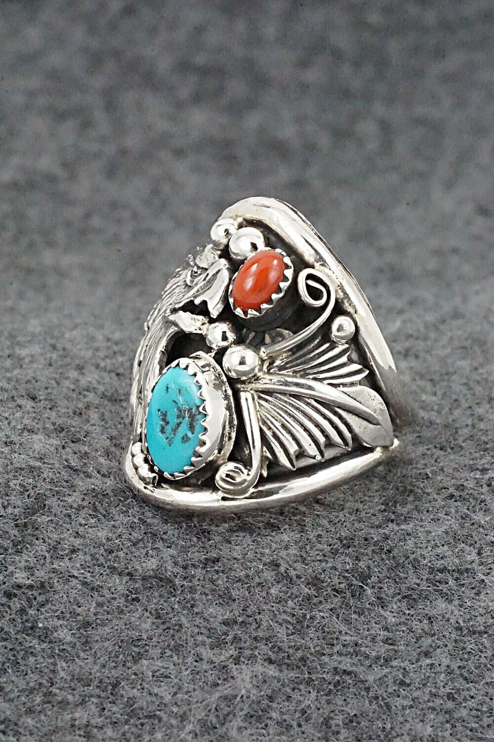 Turquoise, Coral & Sterling Silver Ring - Jeannette Saunders - Size 9.5