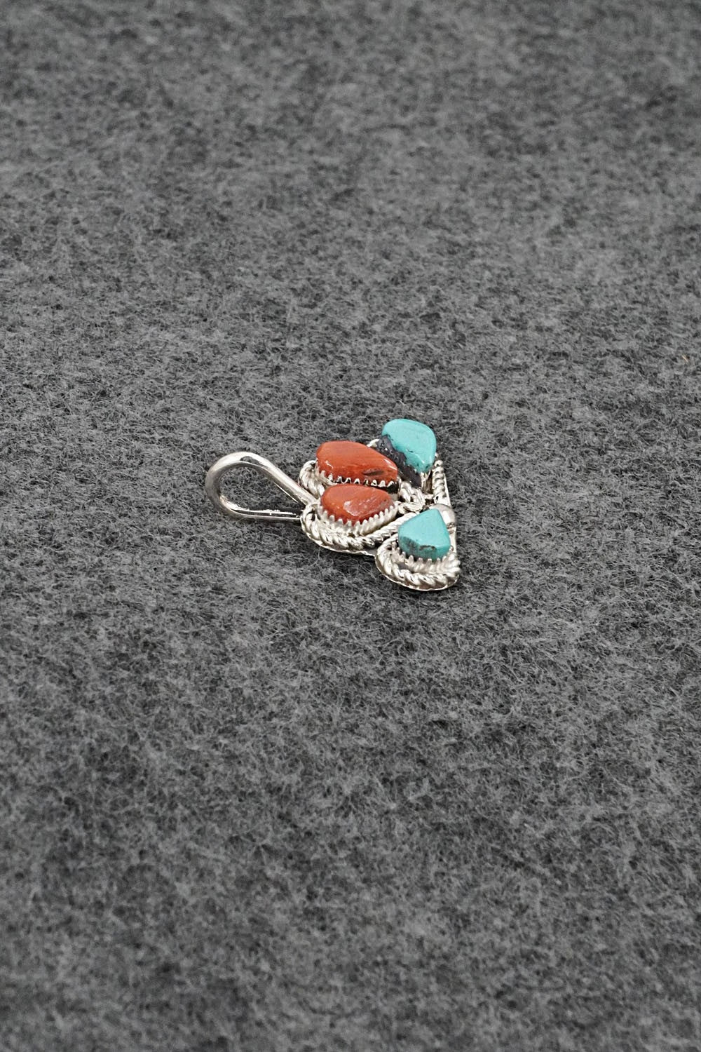 Coral, Turquoise & Sterling Silver Pendant - Huberta Lonjose