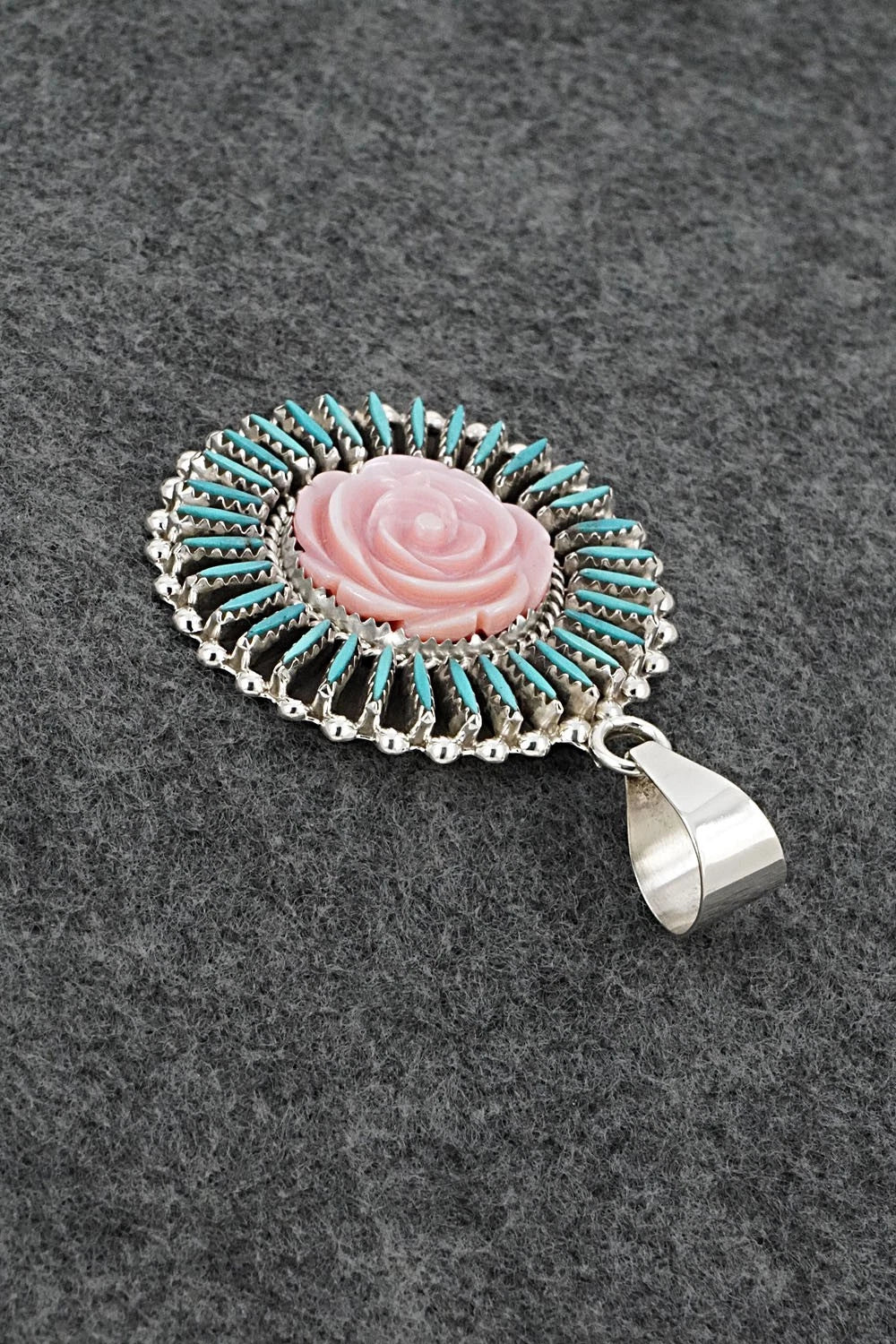Turquoise, Pink Conch & Sterling Silver Pendant - Roland Francisco