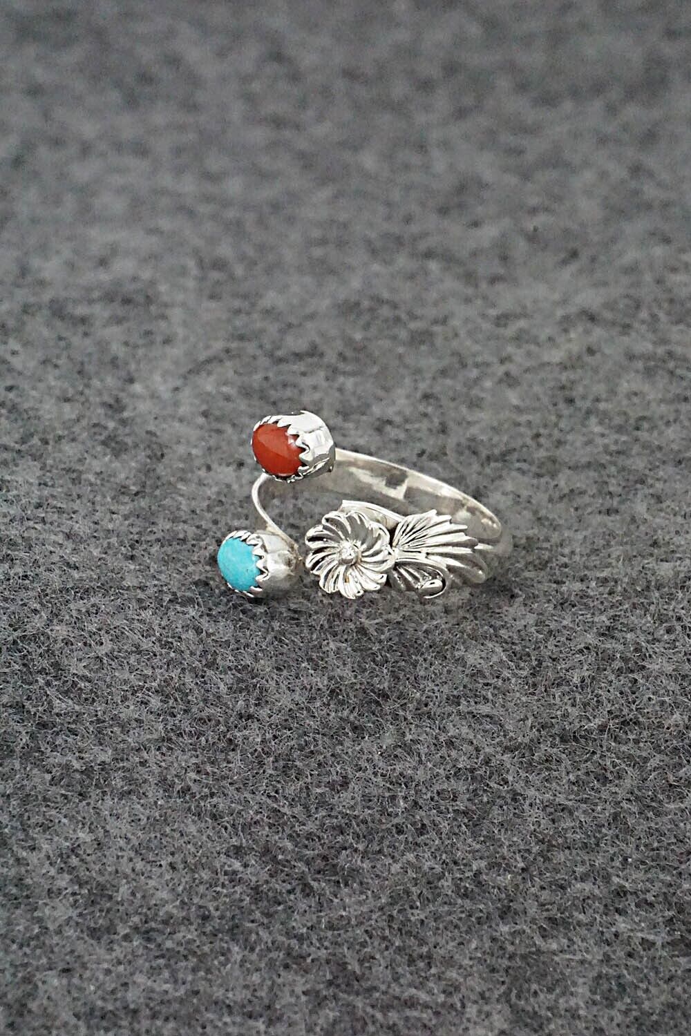 Turquoise, Coral & Sterling Silver Ring - Robert Martinez - Size 7