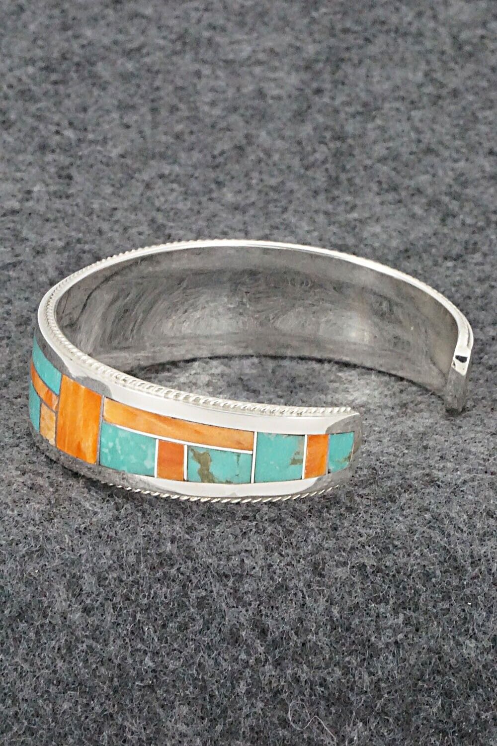 Turquoise, Spiny Oyster & Sterling Silver Inlay Bracelet - Glendora Booqua