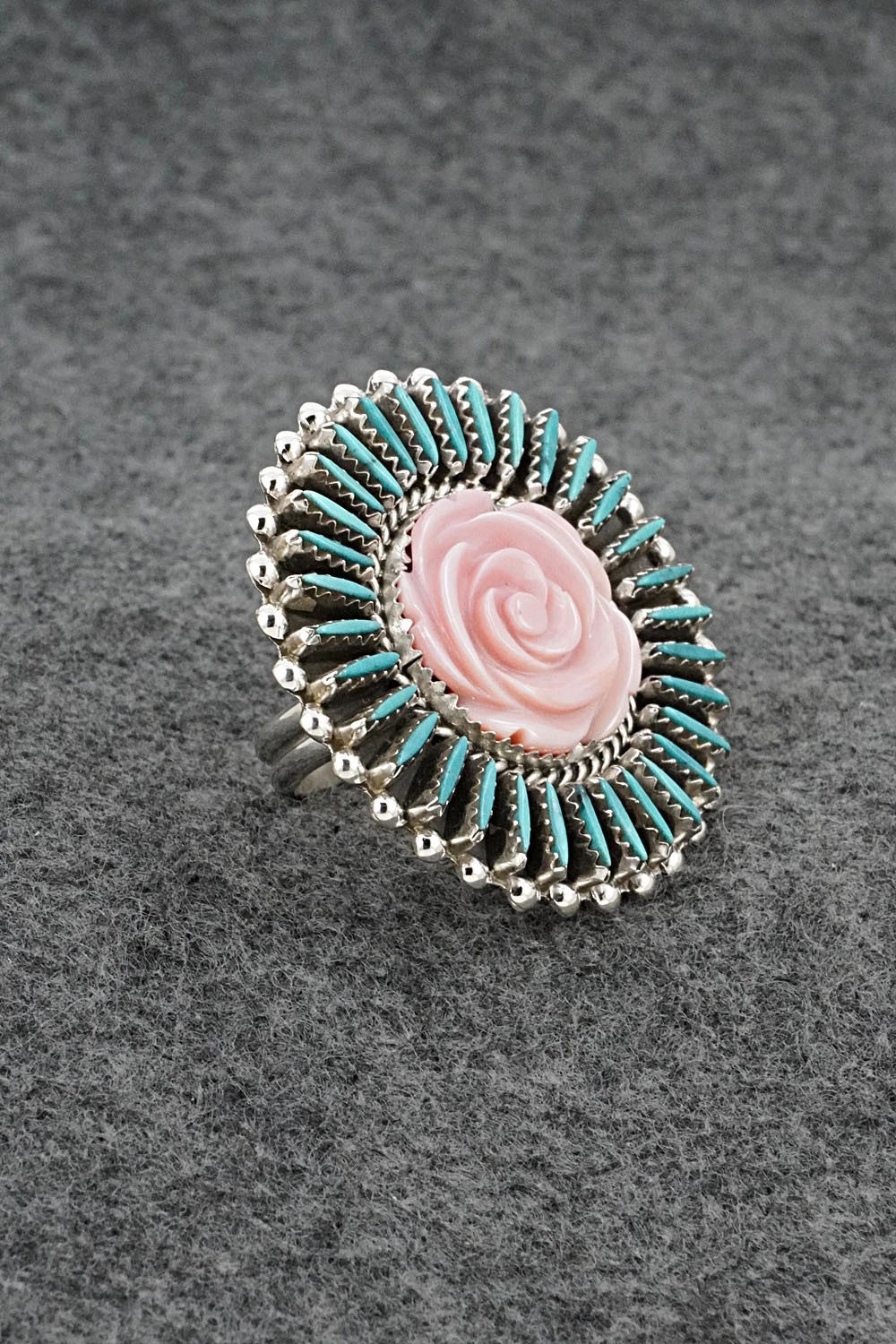 Turquoise, Pink Conch & Sterling Silver Ring - Roland Francisco - Size Adj.