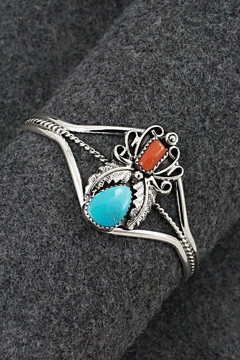 Turquoise, Coral & Sterling Silver Bracelet - Harry B. Yazzie