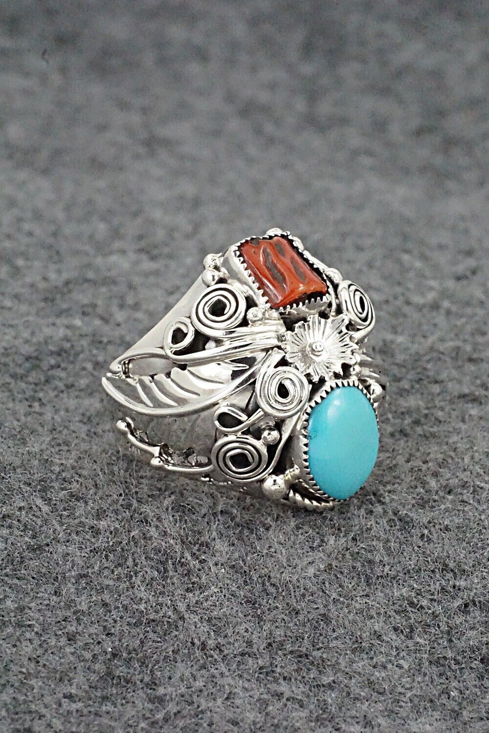 Turquoise, Coral & Sterling Silver Ring - Sarah Yazzie - Size 9.5