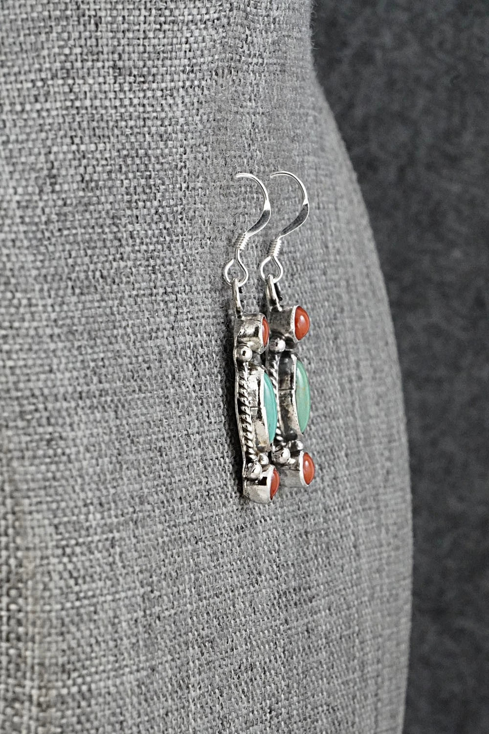 Turquoise, Coral & Sterling Silver Earrings - Verley Betone