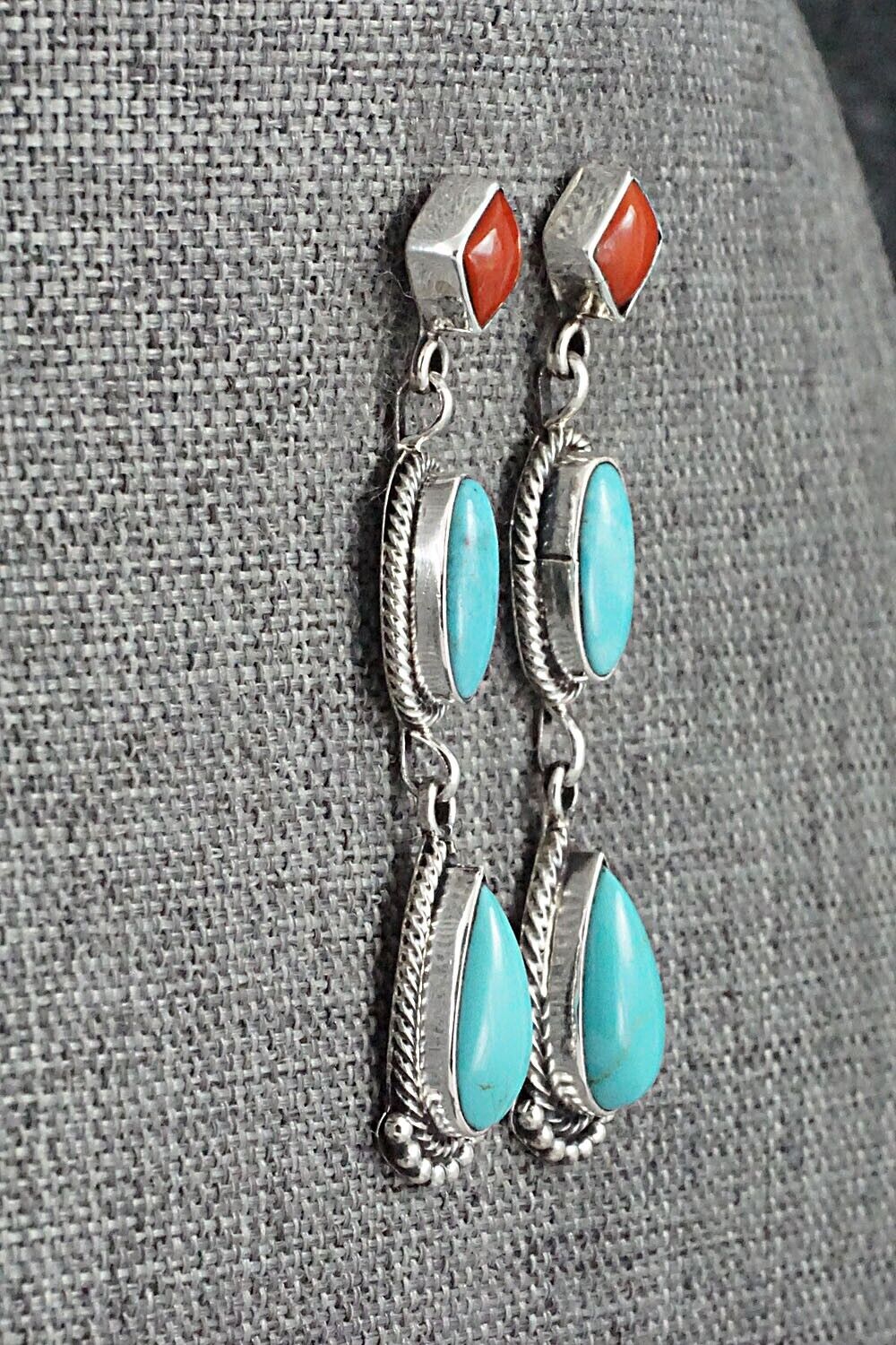 Turquoise, Coral & Sterling Silver Earrings - Verley Betone