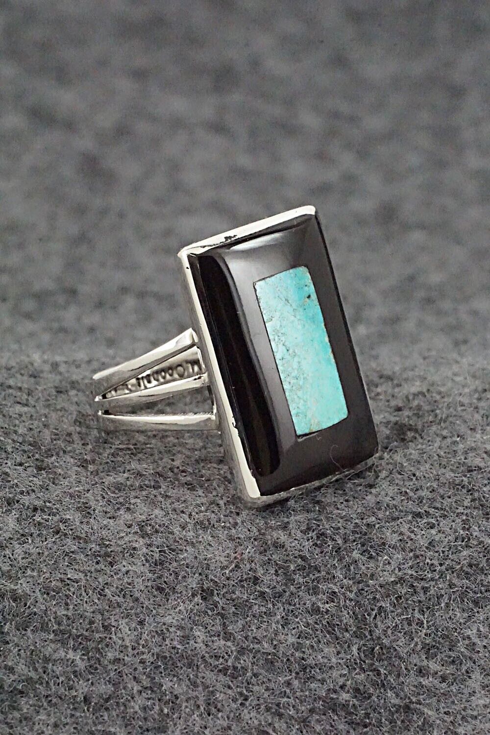 Turquoise, Onyx & Sterling Silver Ring - Harlan Coonsis - Size 7