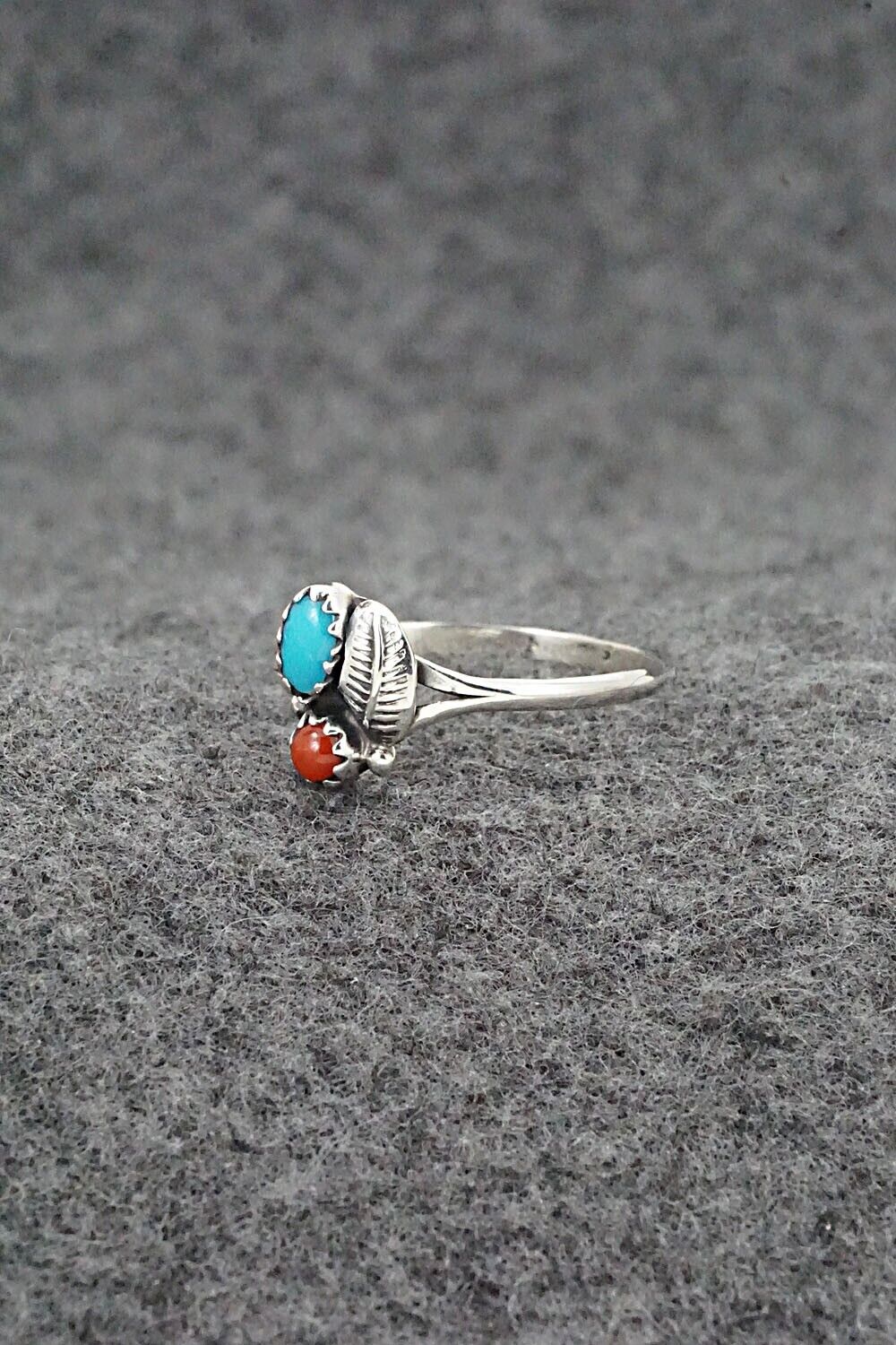 Turquoise, Coral & Sterling Silver Ring - Betty Hawthorne - Size 6.75