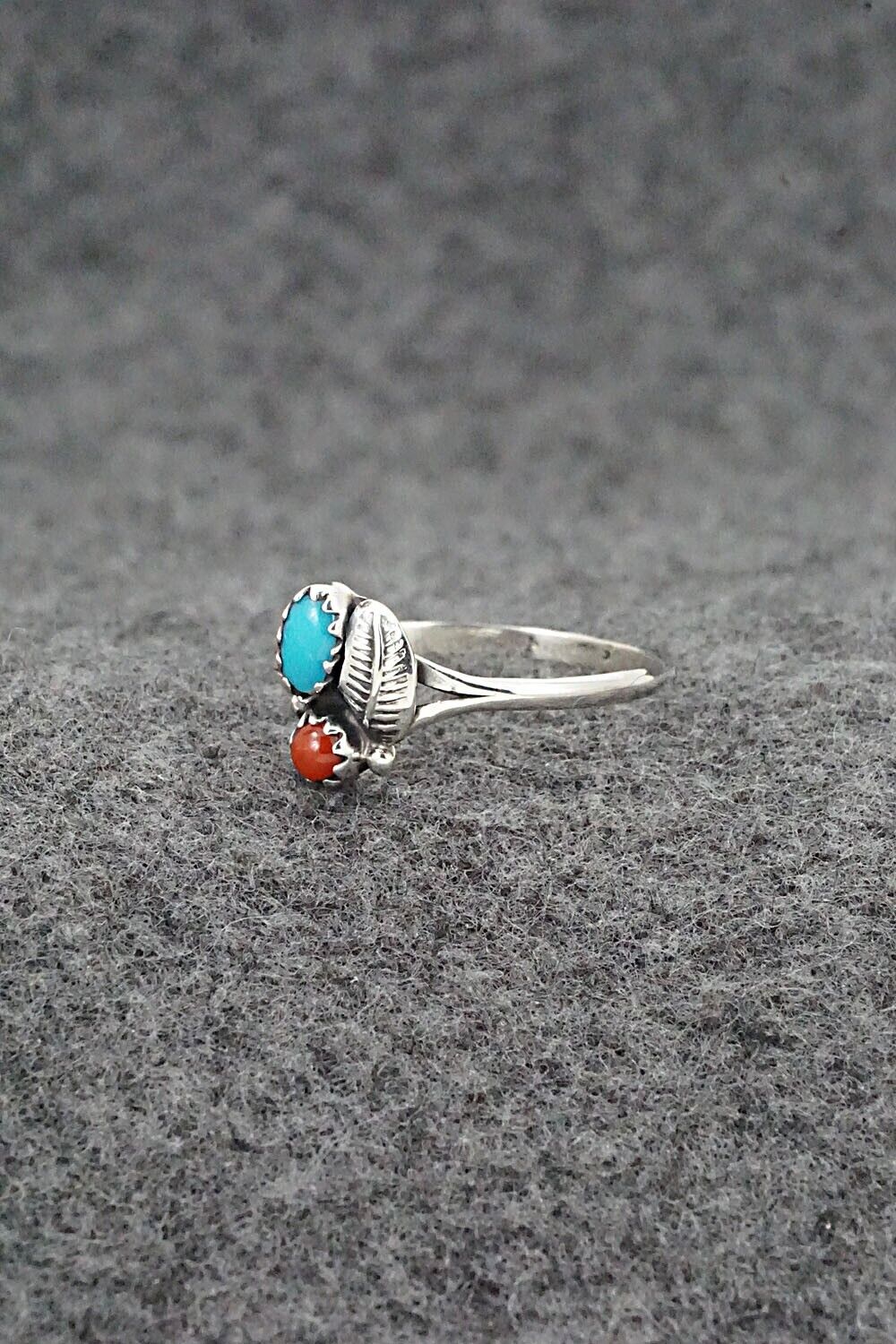 Turquoise, Coral & Sterling Silver Ring - Betty Hawthorne - Size 8.5
