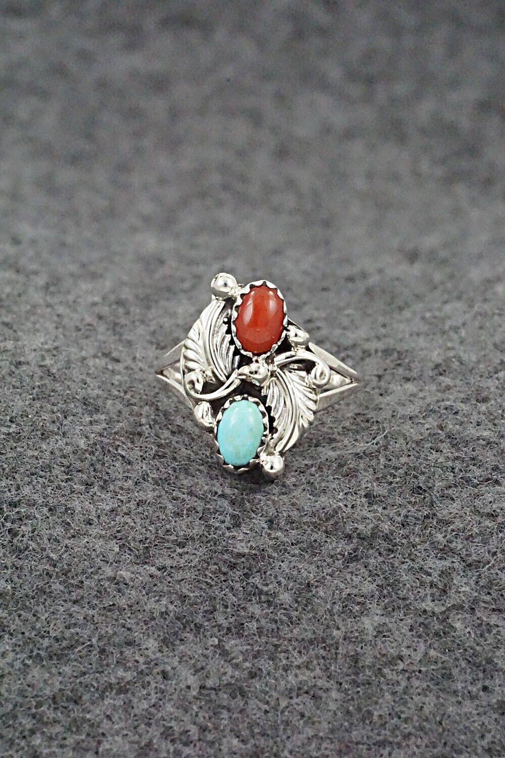 Turquoise, Coral & Sterling Silver Ring - Harris Largo - Size 6.25