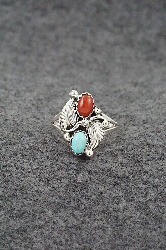 Turquoise, Coral & Sterling Silver Ring - Harris Largo - Size 6.25