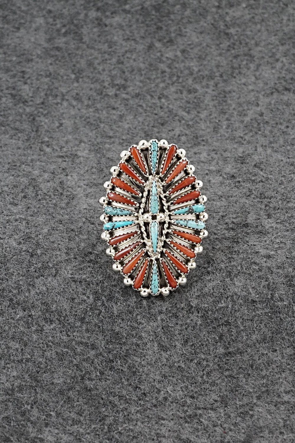 Turquoise, Coral & Sterling Silver Ring - Kyle Wilson - Size 8