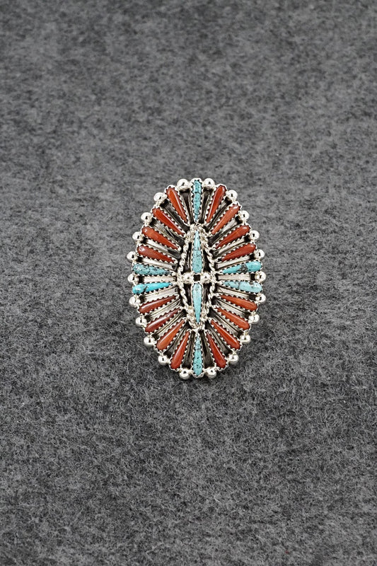 Turquoise, Coral & Sterling Silver Ring - Kyle Wilson - Size 8