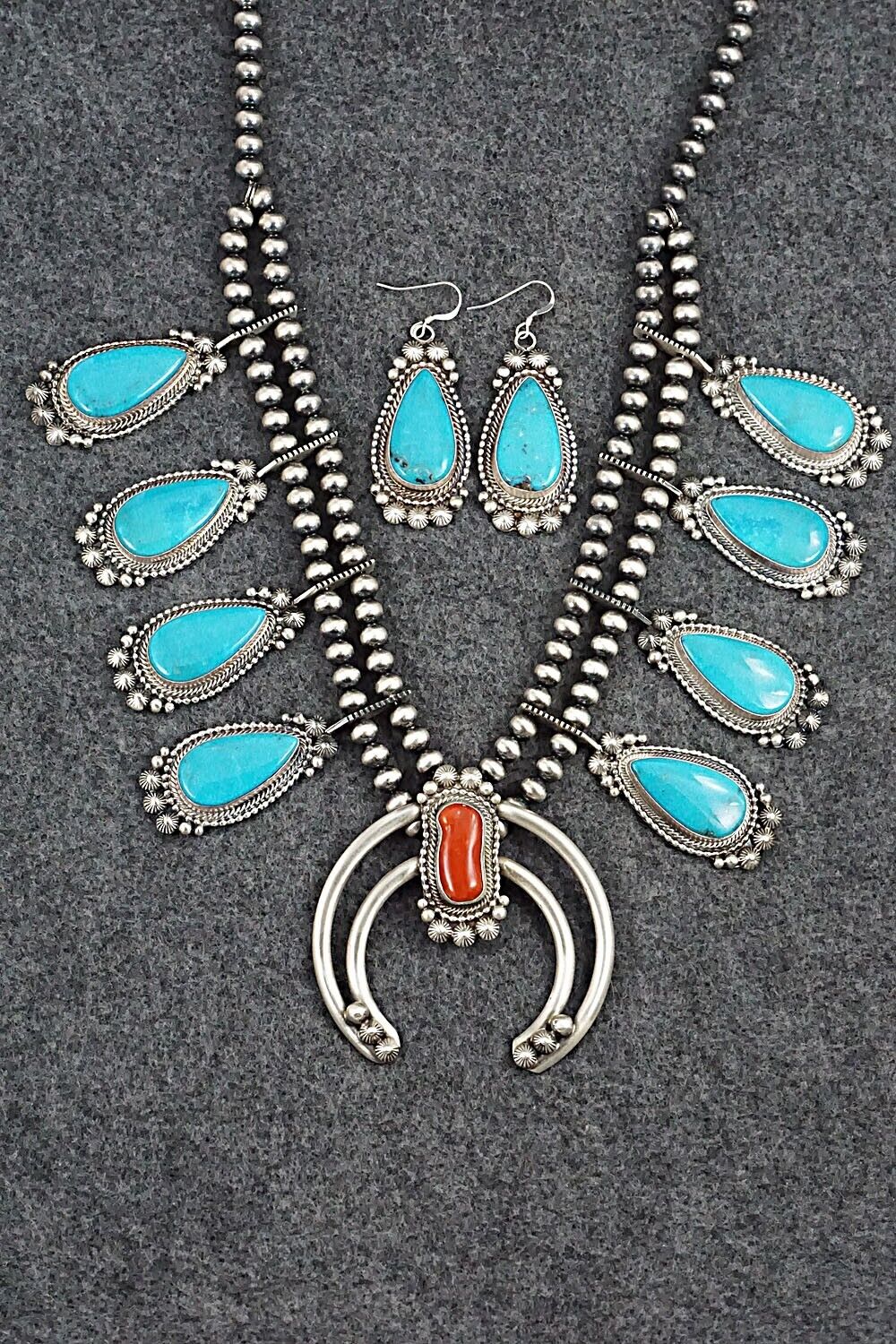 Turquoise, Coral & Sterling Silver Squash Blossom Set - Tom Lewis