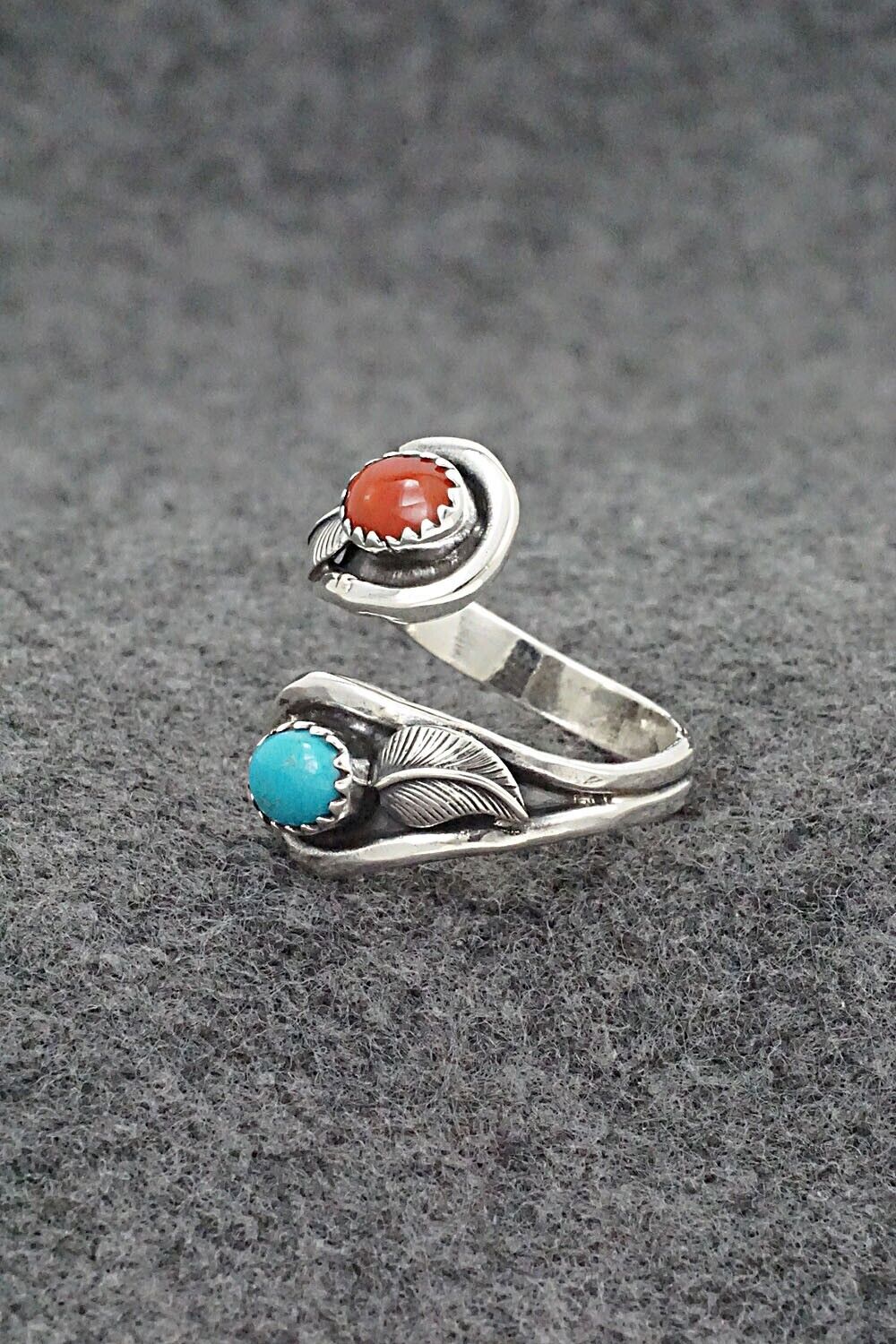Turquoise, Coral & Sterling Silver Ring - Angela Platero - Size 7