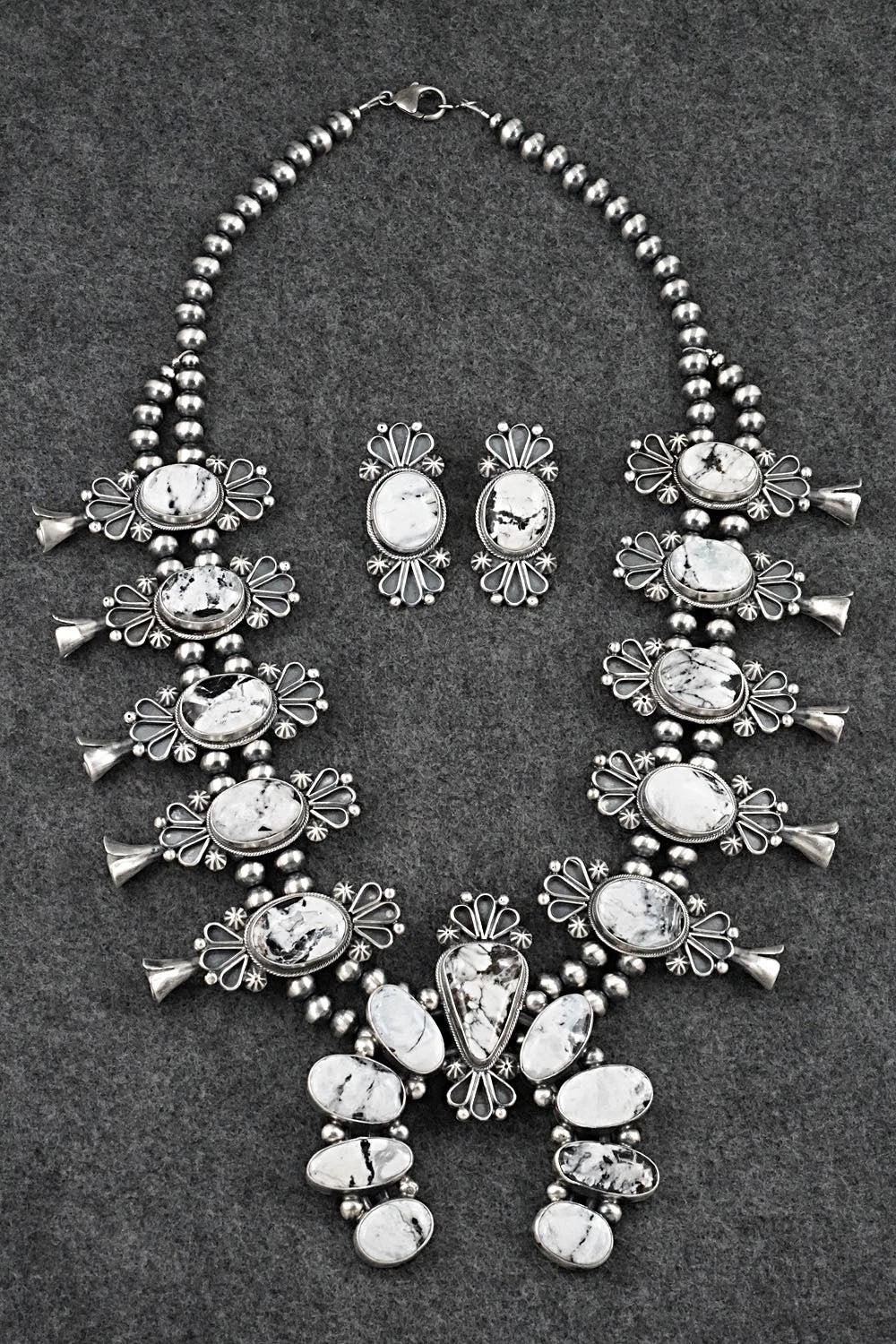 White Buffalo & Sterling Silver Squash Blossom Set - Paul Livingston