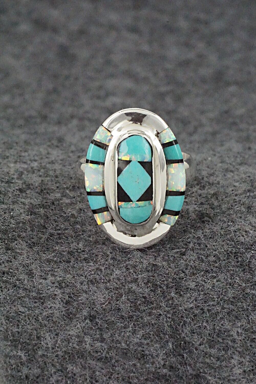 Turquoise, Onyx, Opalite & Sterling Silver Ring - Ophelia Panteah - Sz. 6.75