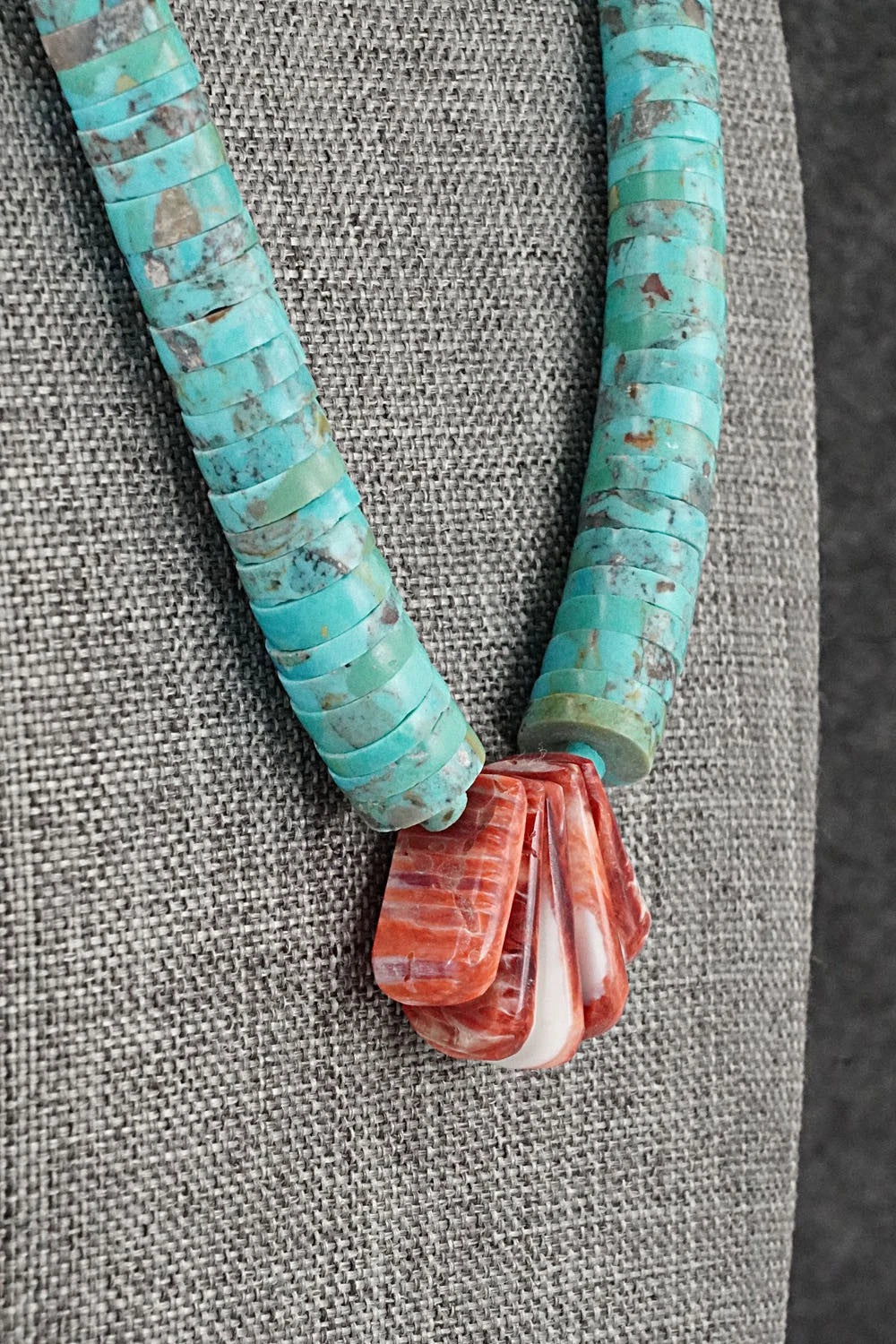 Turquoise, Spiny Oyster and Sterling Silver Necklace - Lupe Lovato