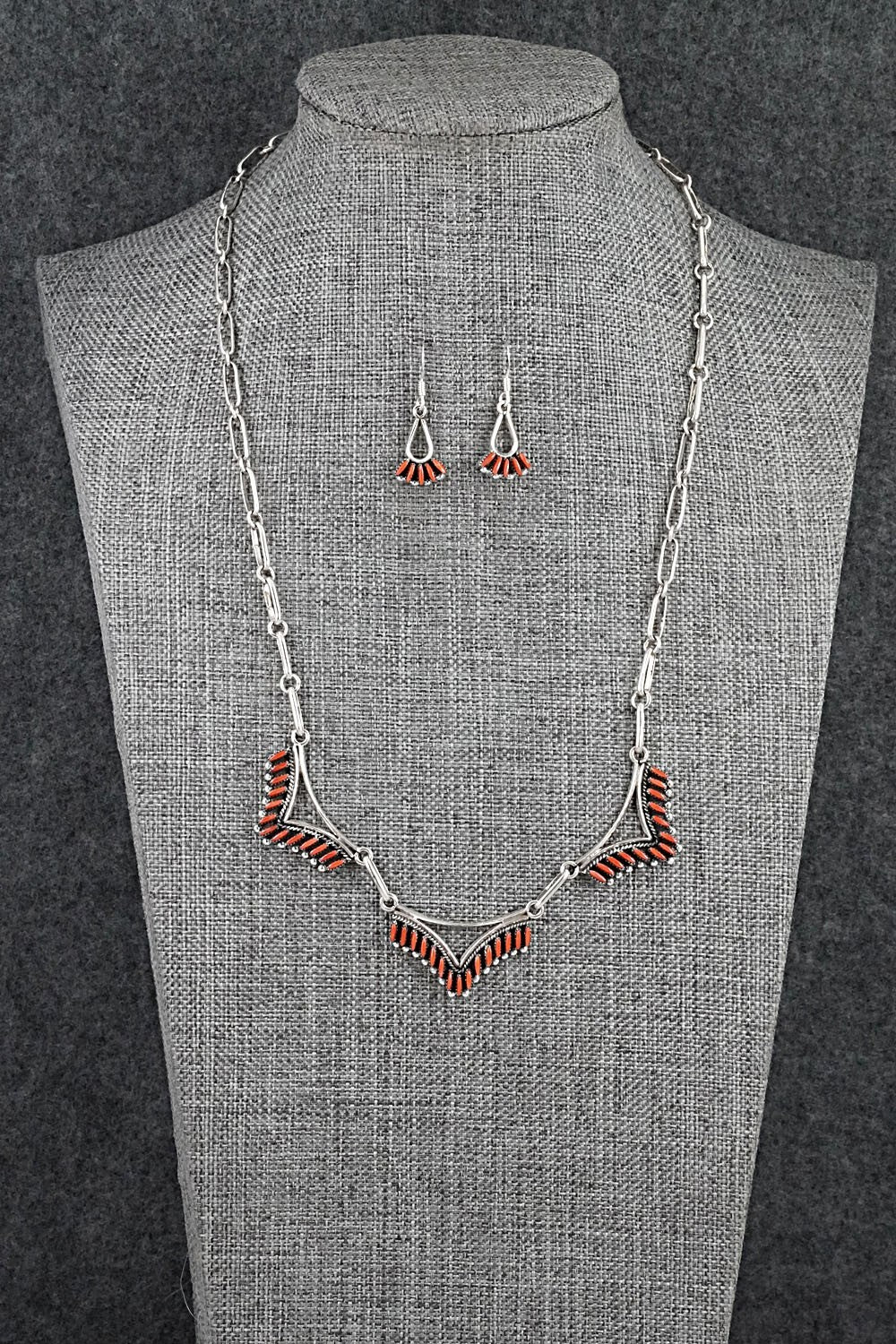 Coral & Sterling Silver Necklace and Earrings Set - Mildred Ukestine