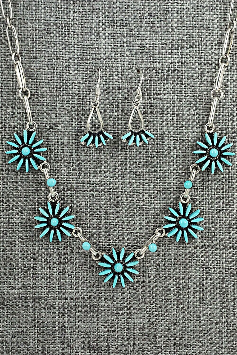 Turquoise & Sterling Silver Necklace and Earrings Set - Mildred Ukestine