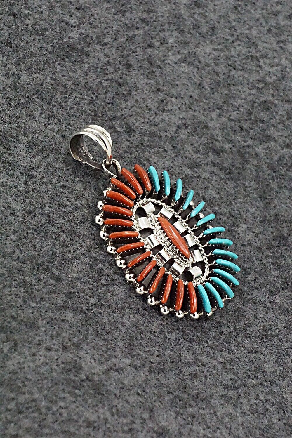 Turquoise, Coral & Sterling Silver Pendant - Edmund Cooeyate