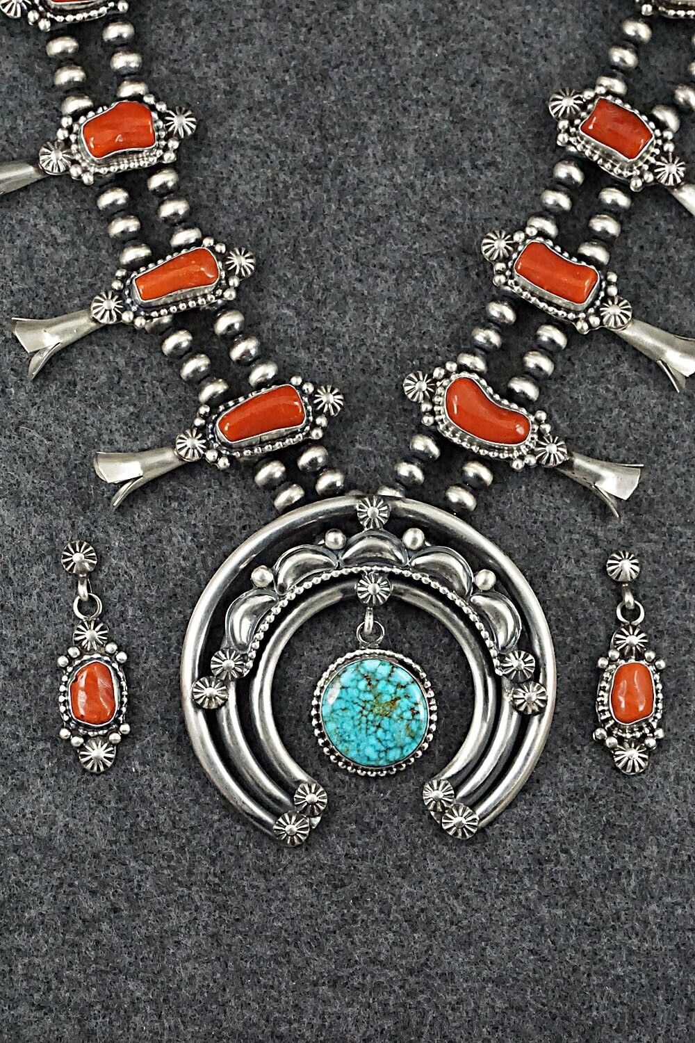 Fatoya Yazzie Navajo Sterling Silver and Coral Squash Blossom Necklace and  Earrins Set N656