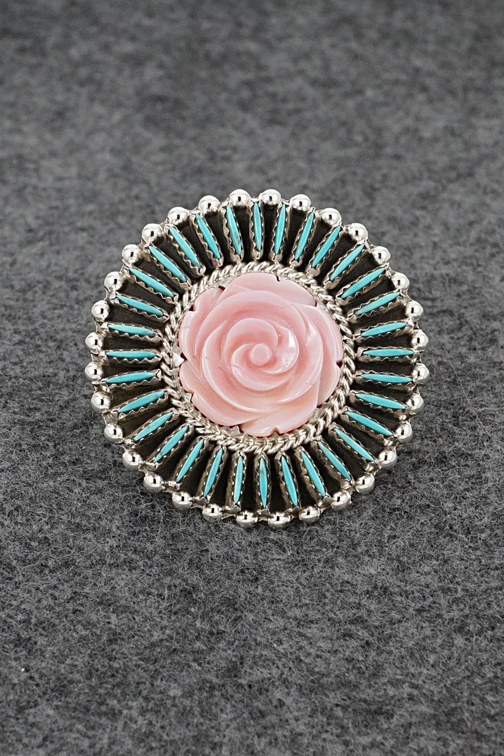 Turquoise, Pink Conch & Sterling Silver Ring - Roland Francisco - Size Adj.