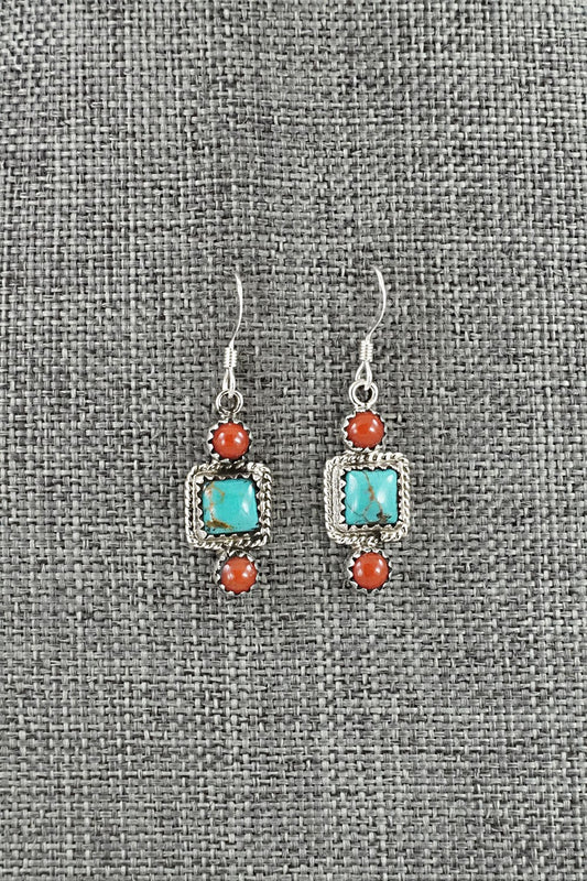Turquoise, Coral & Sterling Silver Earrings - Gary Shorty
