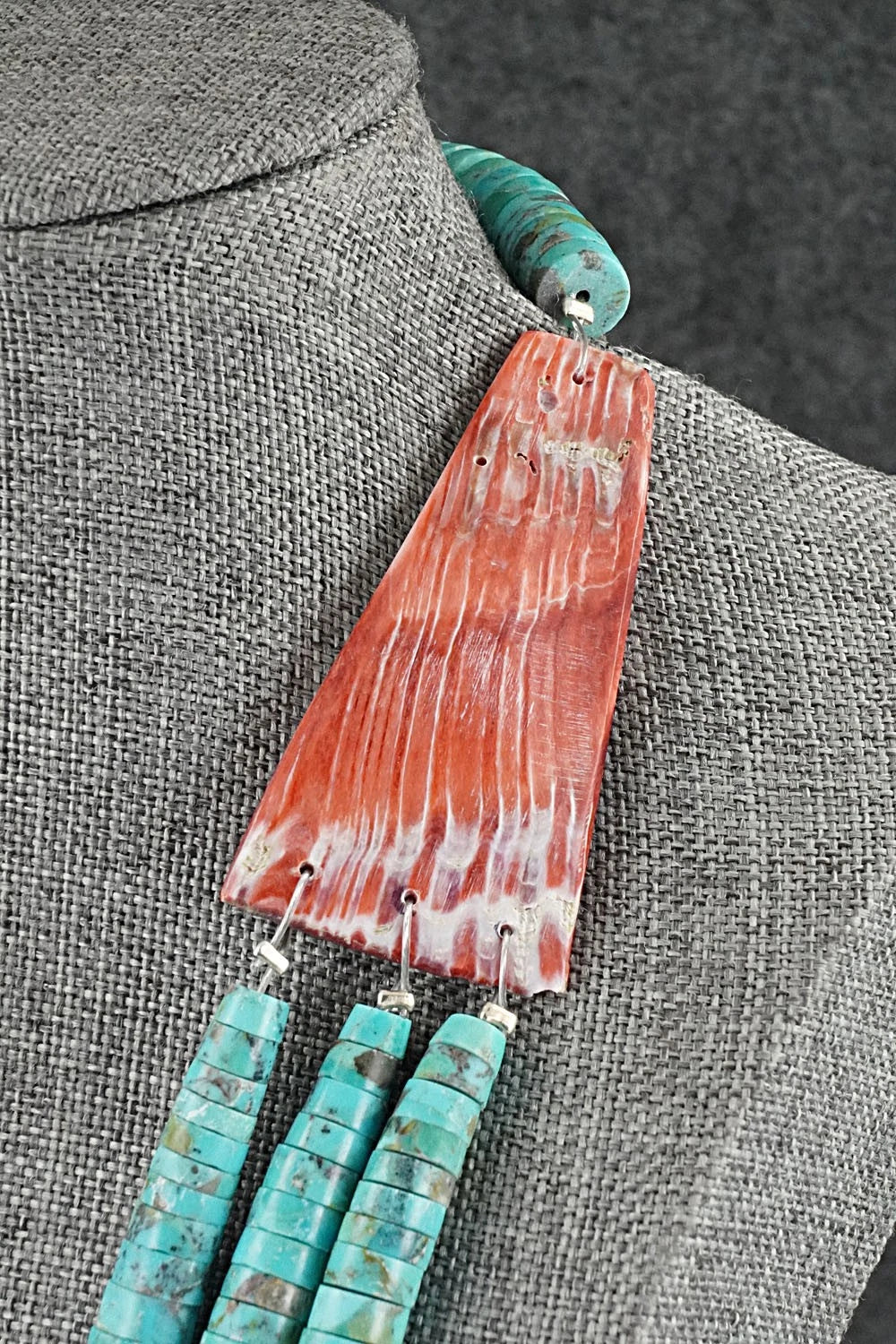 Turquoise, Spiny Oyster and Sterling Silver Necklace - Lupe Lovato