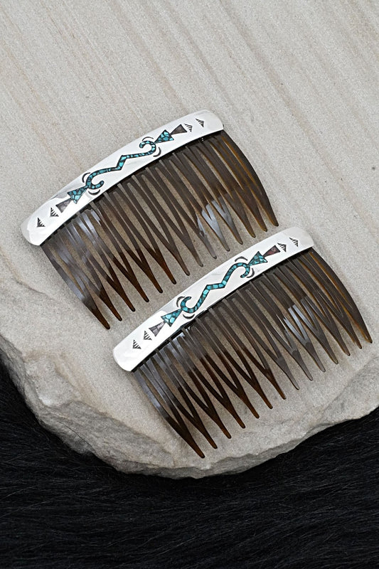 Turquoise, Coral Chip Inlay & Sterling Silver Hair Combs - Joleen Yazzie
