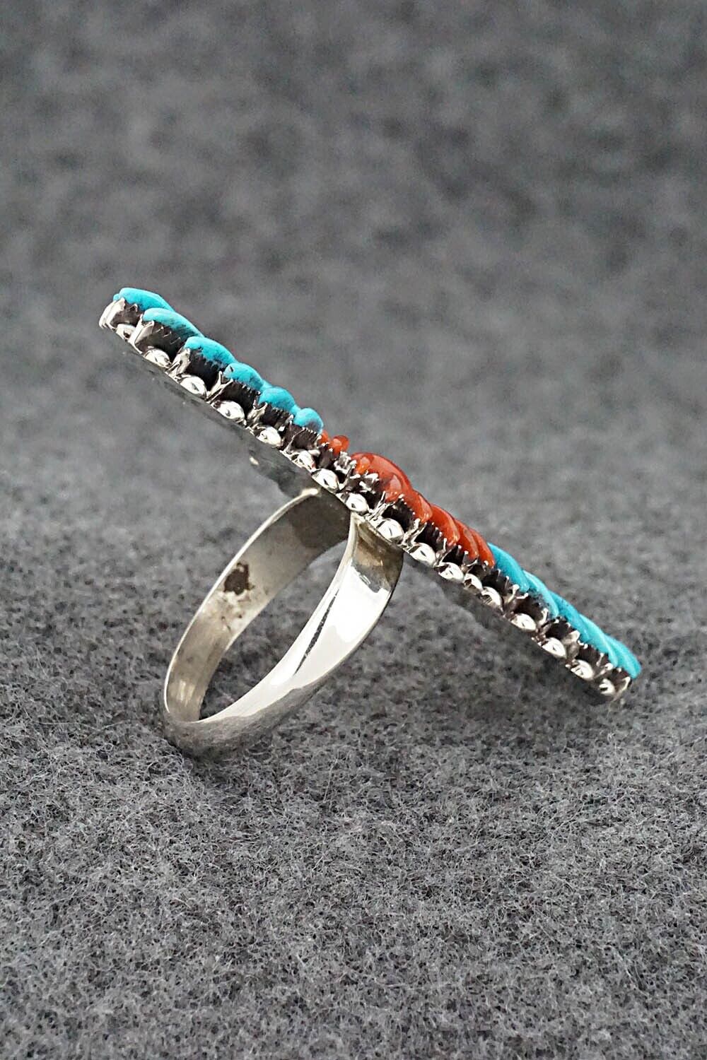 Turquoise, Coral & Sterling Silver Ring - Edmund Cooeyate - Size 7.5