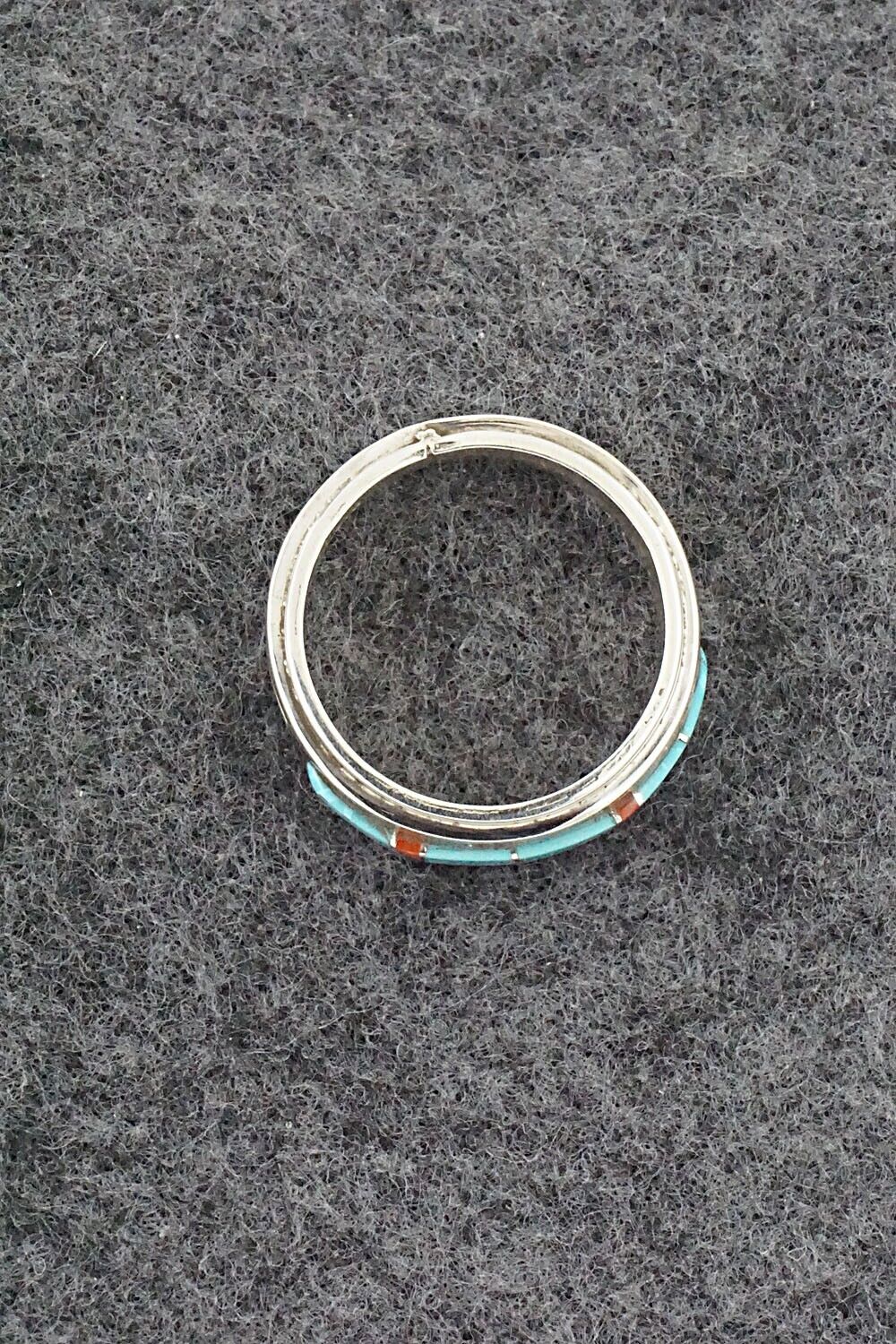 Turquoise, Coral & Sterling Silver Inlay Ring - Wilbert Muskett Jr. - Size 6