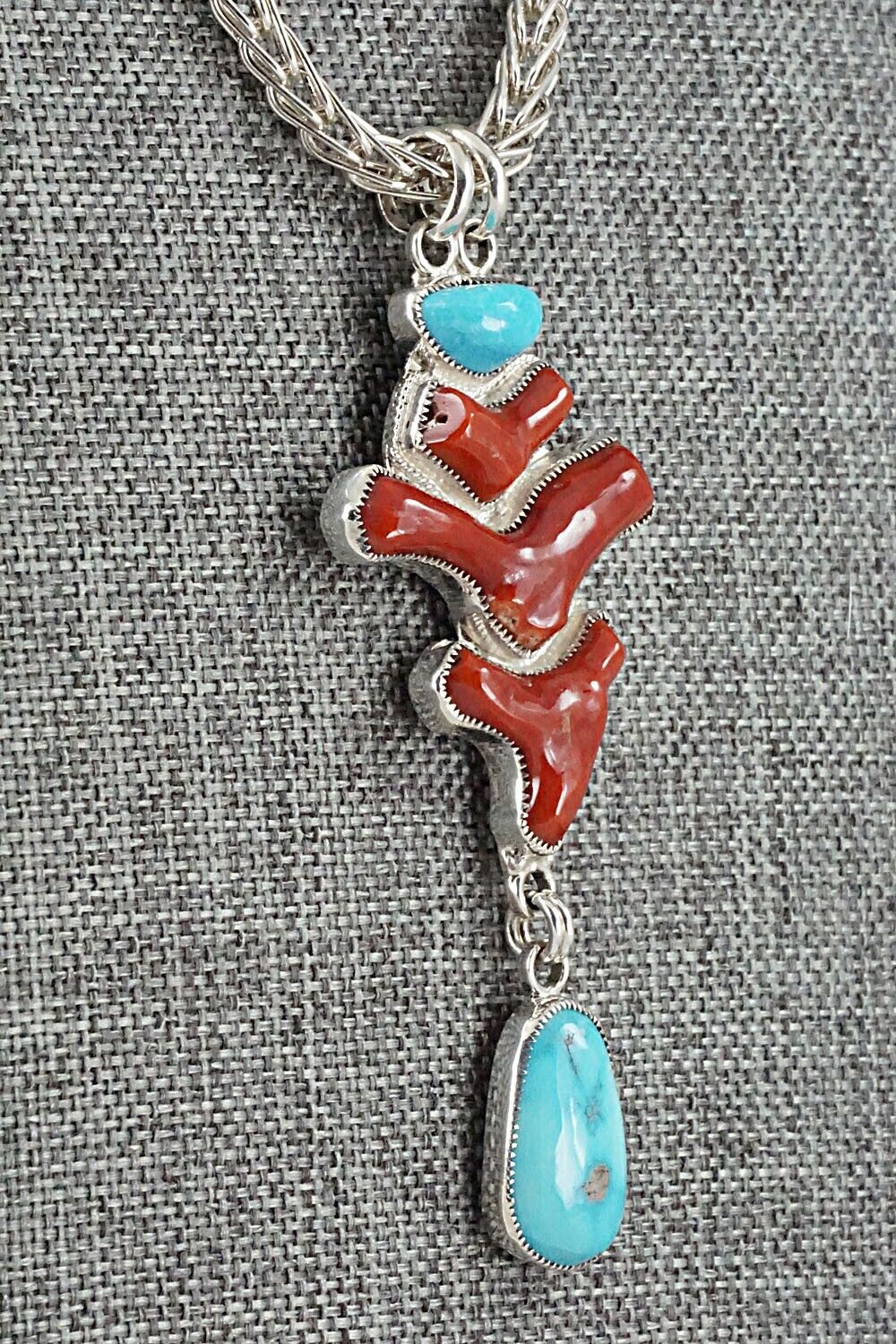 Turquoise, Coral & Sterling Silver Necklace - Smokey Gchachu