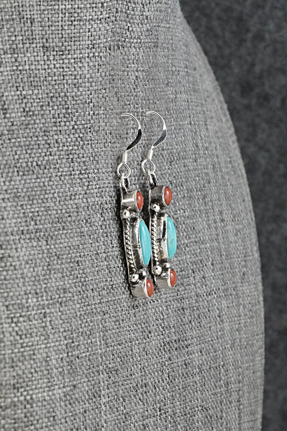 Turquoise, Coral & Sterling Silver Earrings - Verley Betone