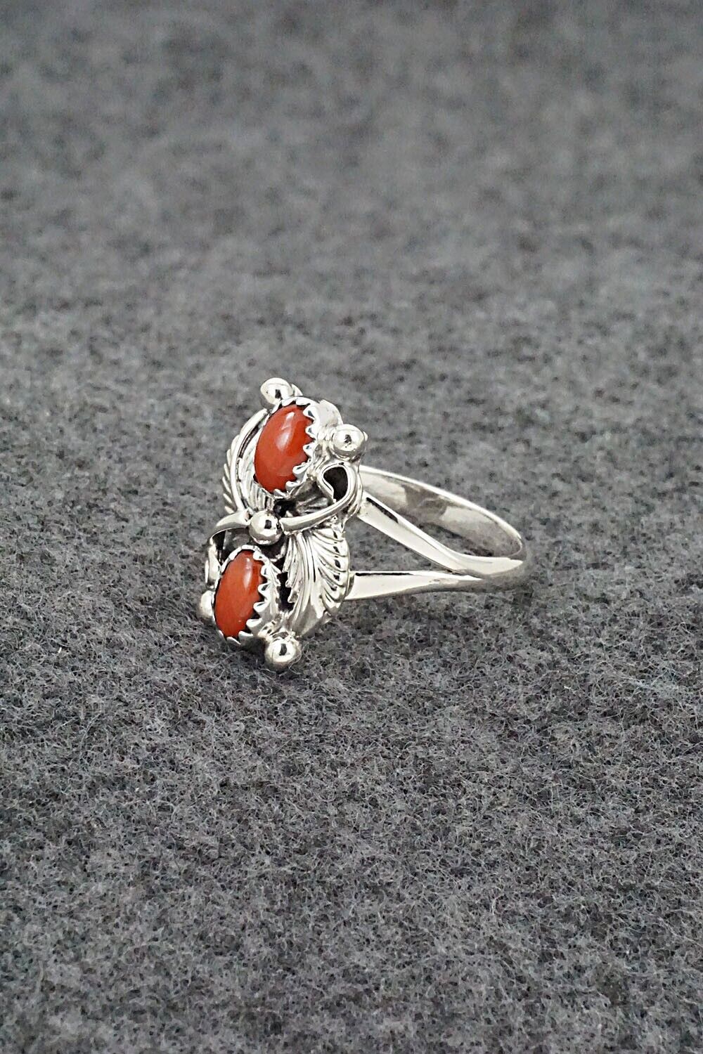 Coral & Sterling Silver Ring - Judy Largo - Size 7.5