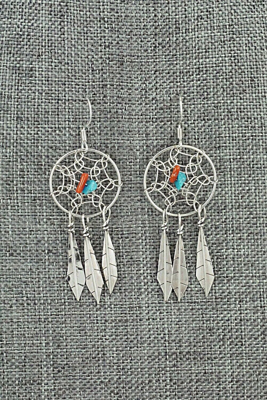 Turquoise, Coral & Sterling Silver Earrings - Lorenzo Arviso Jr.