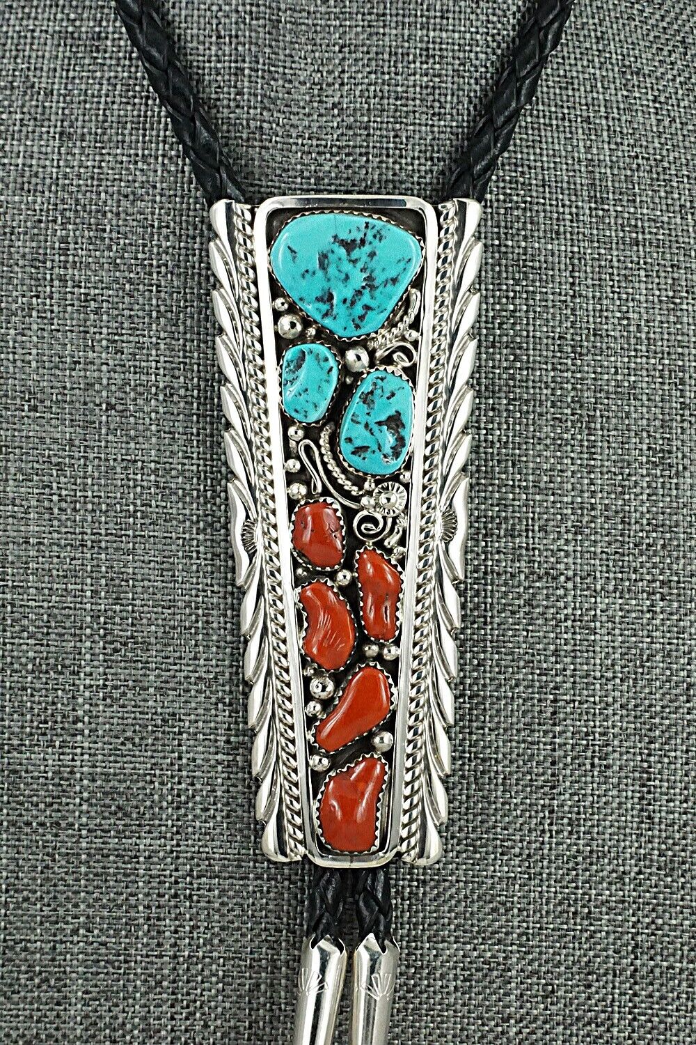 Turquoise, Coral & Sterling Silver Bolo Tie - Martin Muskett