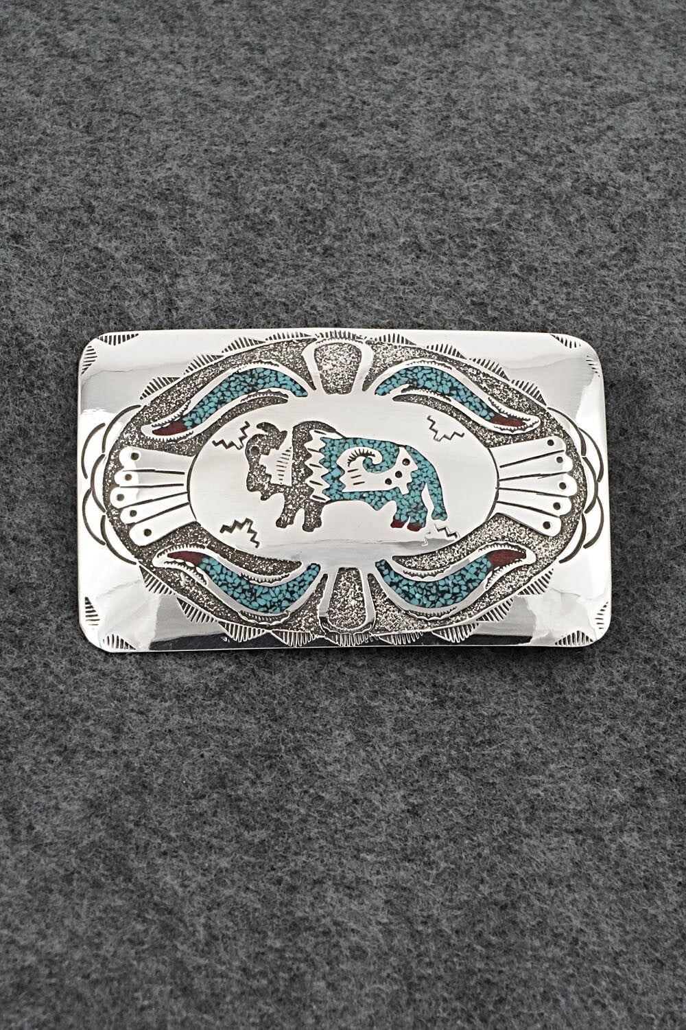 Turquoise, Coral Chip Inlay & Sterling Silver Belt Buckle - Raymond Begay