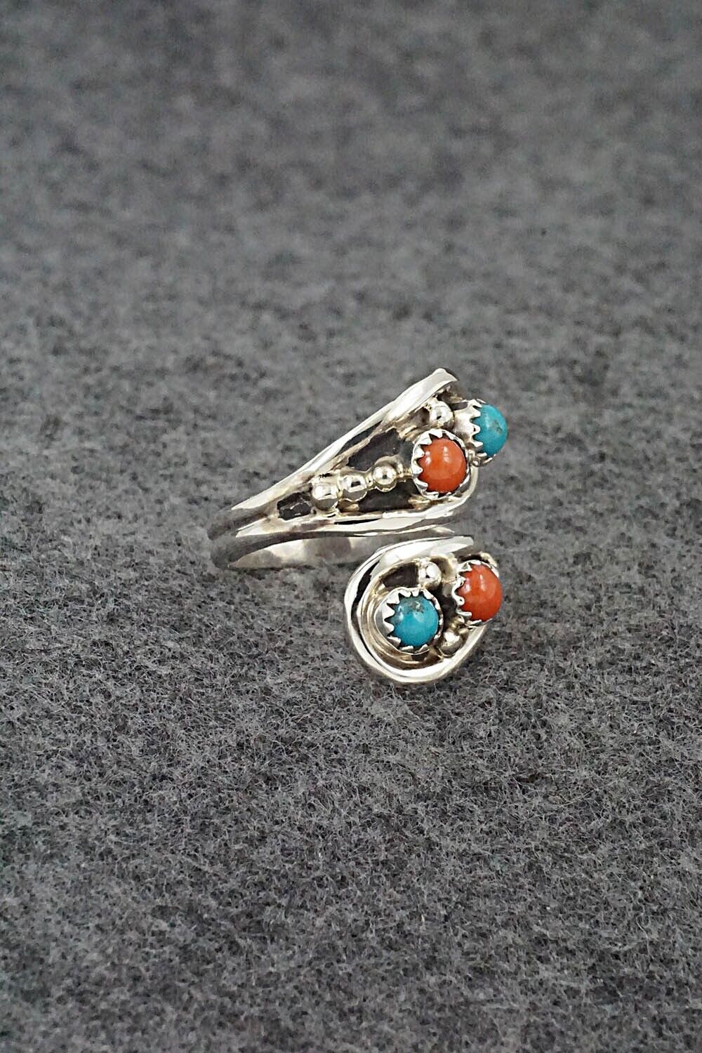 Turquoise, Coral & Sterling Silver Ring - Genevieve Francisco - Size 7.5