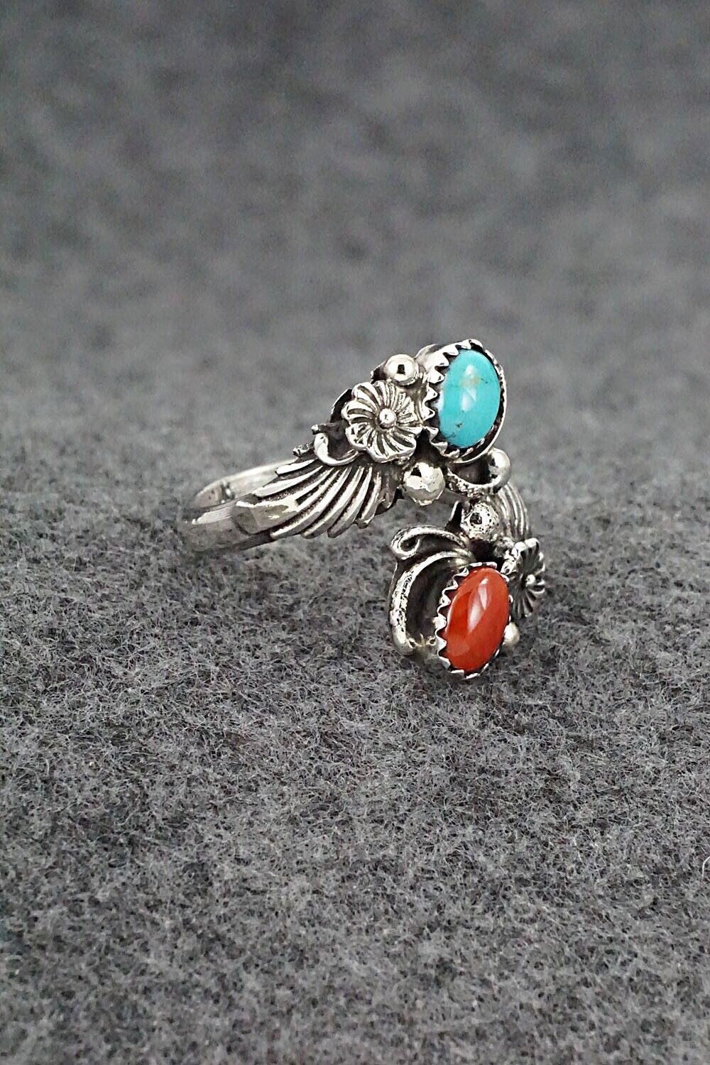 Turquoise, Coral & Sterling Silver Ring - Etta Belin - Size 8.5