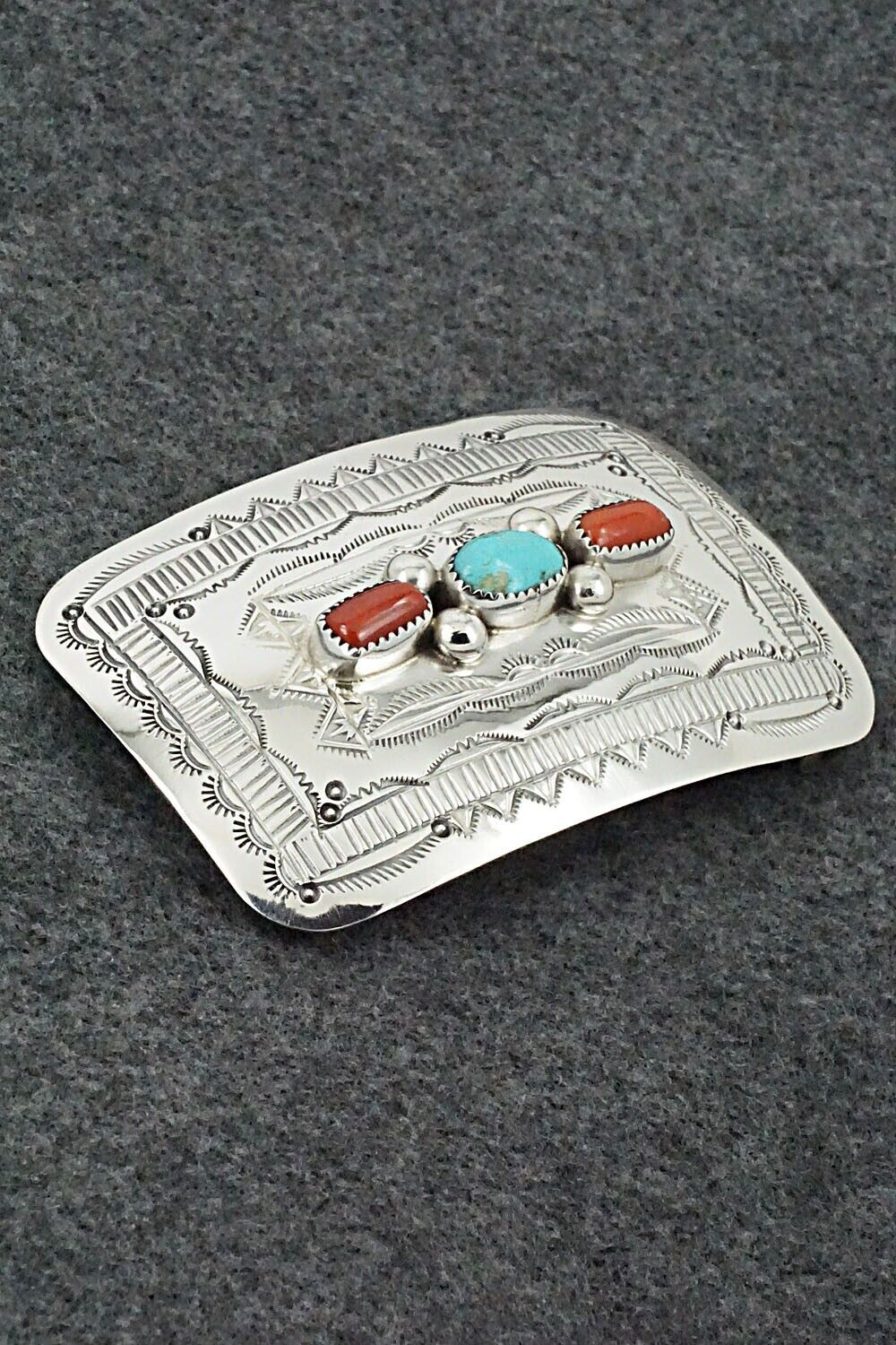 Turquoise, Coral & Sterling Silver Belt Buckle - Wilbur Myers