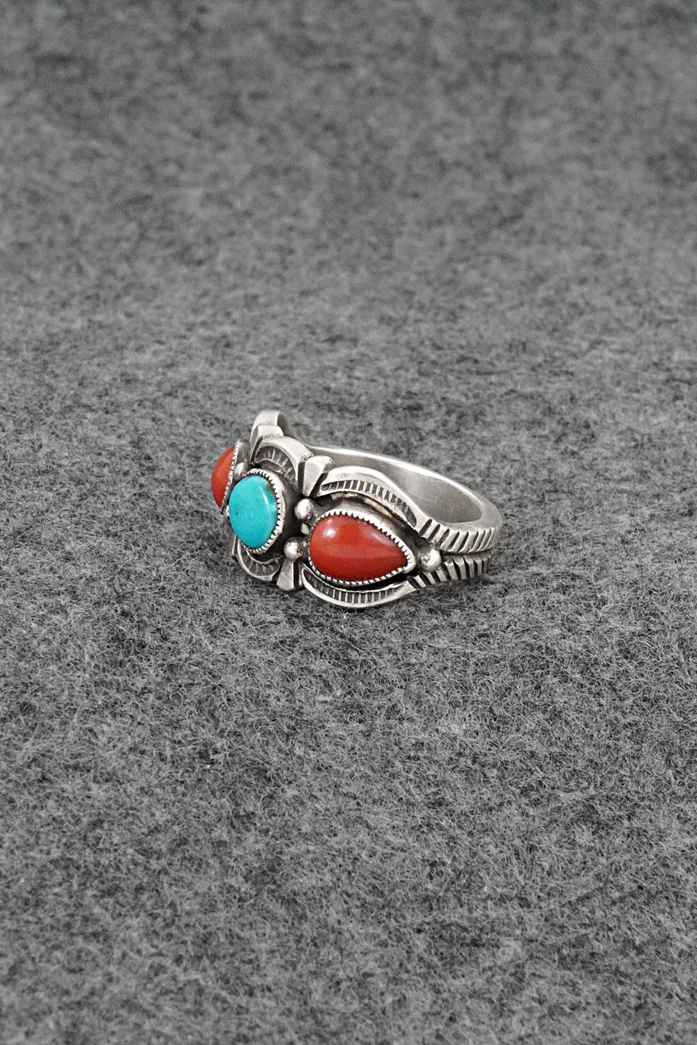 Turquoise, Coral & Sterling Silver Ring - Calvin Martinez - Size 9
