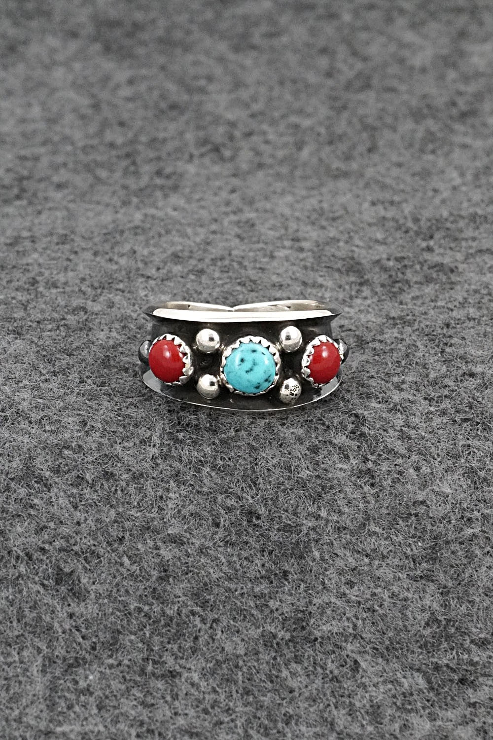 Turquoise, Coral & Sterling Silver Ring - Paul Largo - Size 8.5