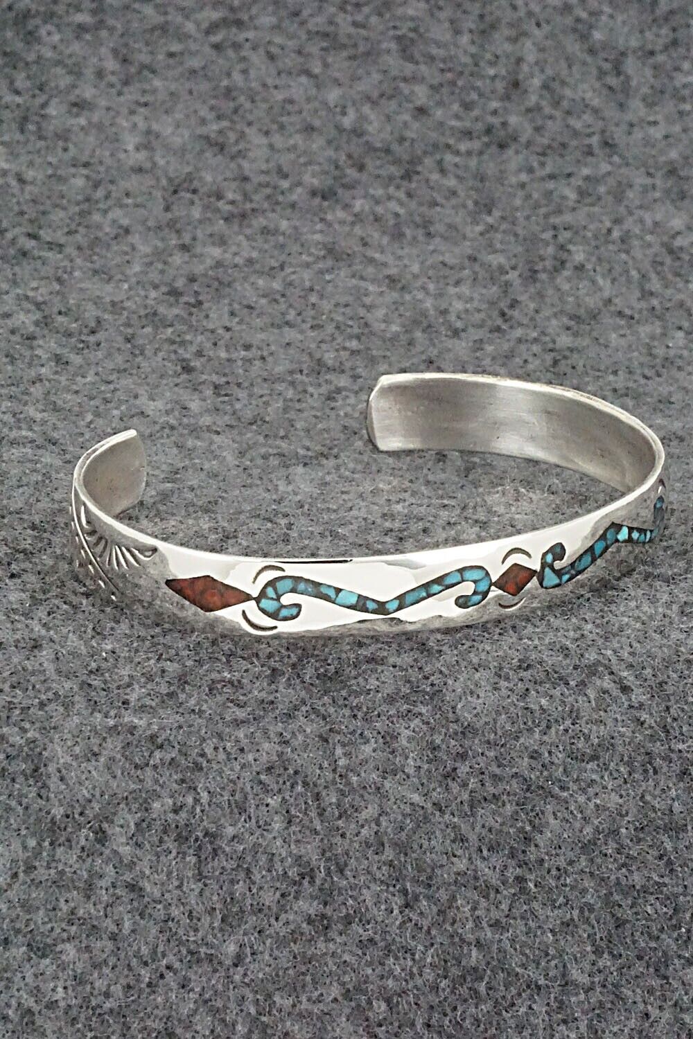 Turquoise, Coral Chip Inlay & Sterling Silver Bracelet - Joleen Yazzie