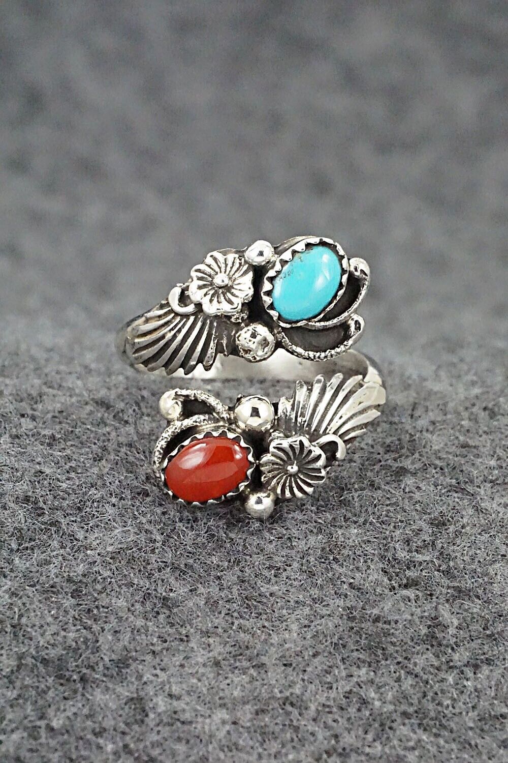 Turquoise, Coral & Sterling Silver Ring - Etta Belin - Size 8