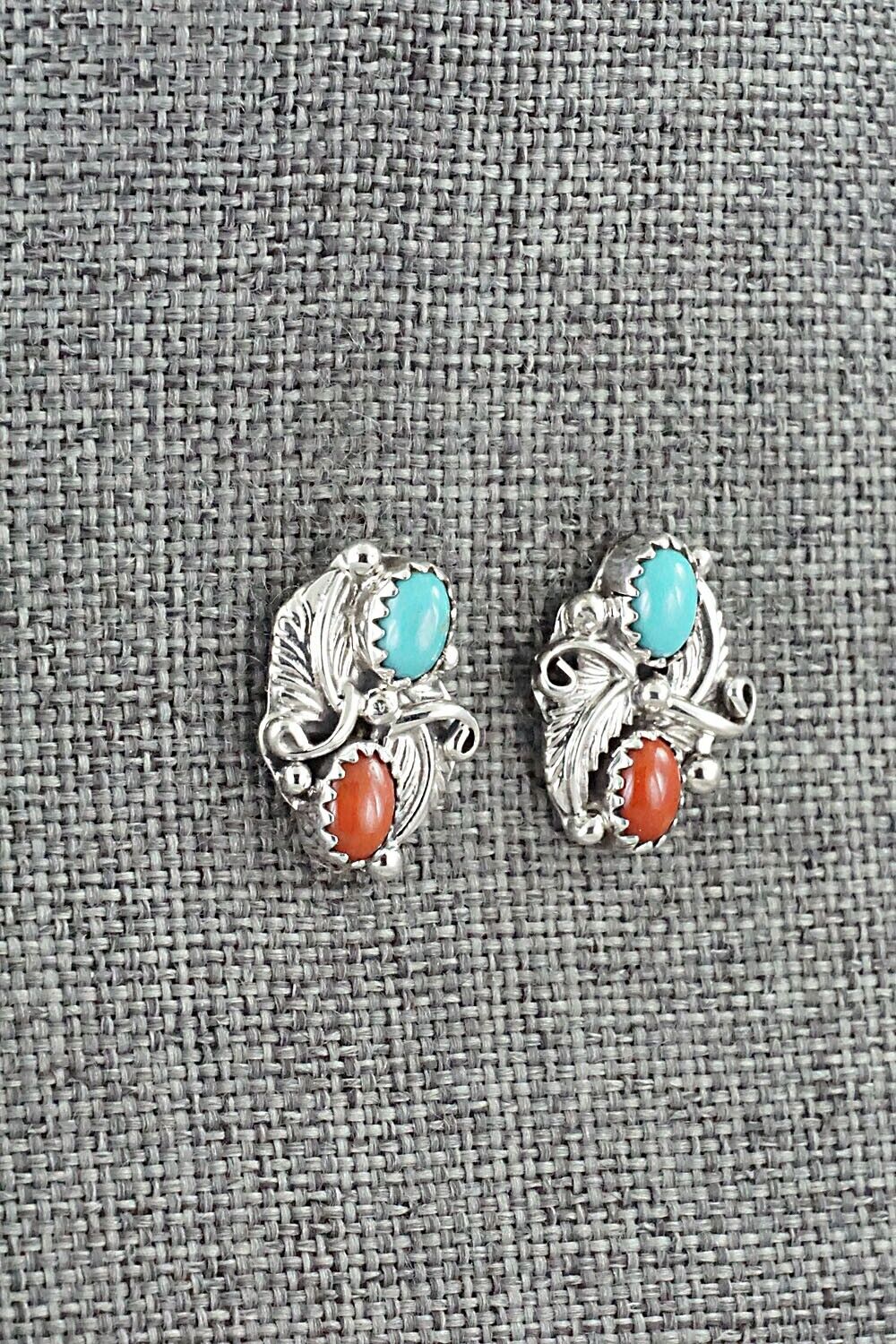 Turquoise, Coral & Sterling Silver Earrings - Genevieve Francisco